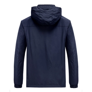 Back view of men's hooded quick-dry jacket in navy blue for outdoor sports and casual wear