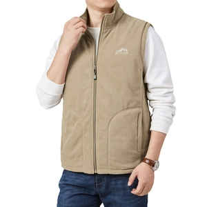 Men's khaki reversible fleece vest featuring a stand collar and outdoor embroidery