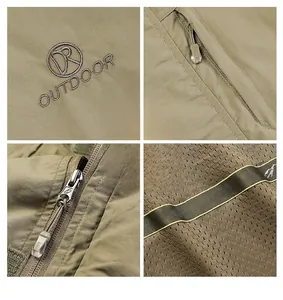 Detailed views of outdoor jacket featuring embroidery, zipper pockets and breathable mesh
