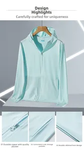 Gros plan sur la veste de protection solaire bleu clair en soie glacée et maille aérée