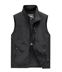 Men's black outdoor quick-dry vest with stand collar and functional zipper pockets
