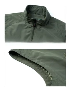 Detail view of army green outdoor vest featuring windproof stand collar and mesh lining
