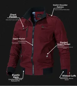 Detailed view of burgundy cotton utility jacket with rib-knit collar and multi-pocket design