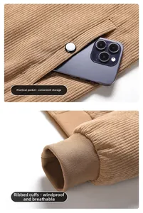 Detail of corduroy jacket showing functional side pocket and ribbed windproof cuffs