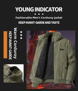 Detail of army green corduroy jacket showing black thick fleece lining and stand collar