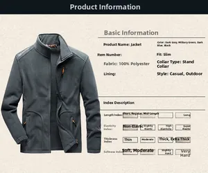 Detailed specs of men's thermal fleece jacket with stand collar and zipper pockets