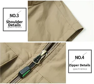 Détails de la couture d'épaule et de la fermeture éclair sport sur le gilet kaki