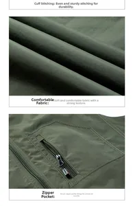 Detail of quick-dry fishing vest showing neat stitching, soft fabric and zipper pockets