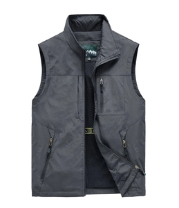 Men's dark gray quick-dry utility vest with standing collar and multi-pocket design