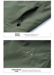 Close-up of military green fishing vest with zipper pockets and outdoor mountain embroidery