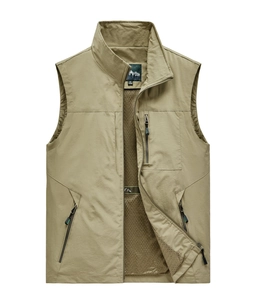 Men's khaki outdoor multi-pocket fishing vest with stand collar and breathable mesh lining