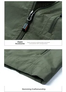 Detail of army green fishing vest featuring a SPORTS zipper pull and reinforced hem stitching
