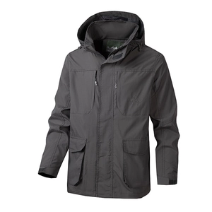 Men's dark gray hooded cargo jacket with multi-pocket design and adjustable windproof cuffs