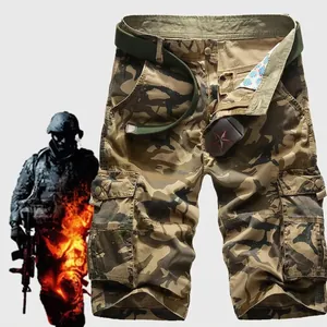 Mens camouflage cargo shorts in cotton with woodland pattern and utility pockets