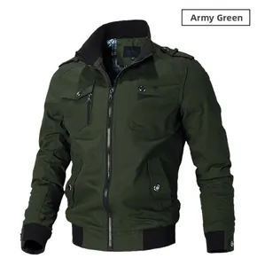 Detail of military green cotton cargo jacket showing ribbed collar and plaid lining
