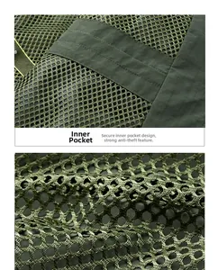 Detail of army green mesh fishing vest showing breathable fabric and anti-theft inner pocket