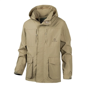Men's khaki multi-pocket outdoor hooded jacket with windproof fabric and adjustable cuffs