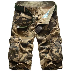 Men's woodland camouflage cargo shorts in durable cotton canvas with woven belt