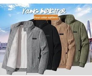 Stack of corduroy jackets in four colors showing the warm fleece lining and stand collar