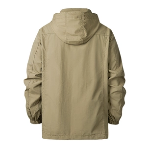 Men's khaki hooded cargo jacket in lightweight windbreaker fabric shown from the back view
