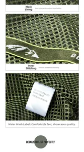 Macro detail of breathable mesh lining and high-quality stitching on green fishing vest