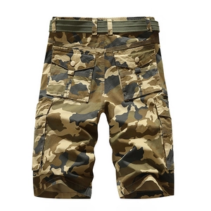 Men's camouflage cargo shorts with back flap pockets and a green canvas belt