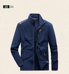 Detail of dark blue fleece jacket with orange zipper pulls and front zip pockets
