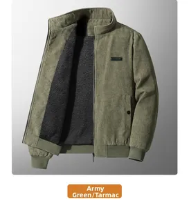 Detail view of military green corduroy jacket showing black fleece lining and metal zipper