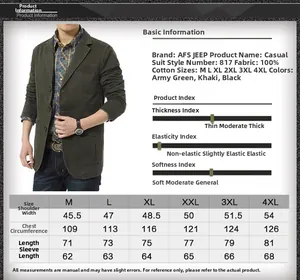Detailed size chart for men cotton business jacket showing measurements for M to 4XL sizes