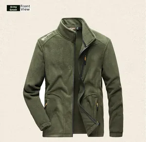 Detail view of military green fleece jacket with zipper pockets and stand-up collar