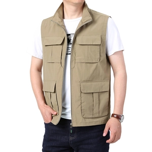 Gilet Cargo Multi-Poches pour Hommes Col Montant Fermeture Éclair Nylon Léger Pêche Photographie Extérieur Gilet de Utilité Doublure en Maille