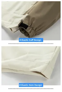 Detail of adjustable velcro cuffs and elastic hem on the beige outdoor windbreaker jacket