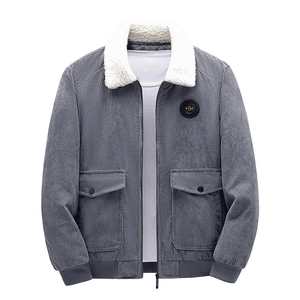 Men's grey corduroy jacket with white fleece collar and zipper closure on white background