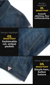 Detailed stitching on the shoulder and pocket of a dark blue denim jacket