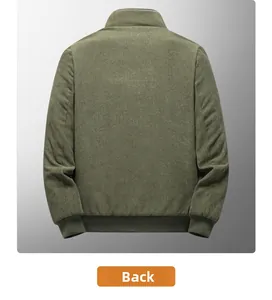 Back view of army green corduroy jacket with ribbed cuffs and stand collar detail