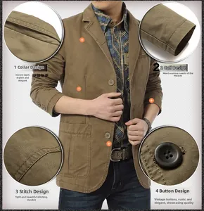 Detail view of men cotton khaki jacket showing lapel collar, cuffs and button quality