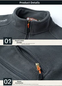 Close-up of a fleece jacket featuring a stand collar and orange zipper puller details