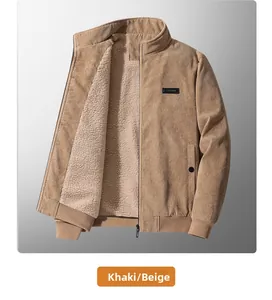 Detail view of khaki corduroy jacket with thick faux shearling lining and stand collar