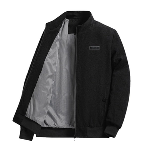 Men's stylish black corduroy jacket with stand collar and ribbed hem for 2025 fashion