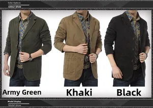 Casual cotton blazers in army green, khaki, and black showing three-button front closure