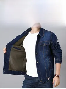 Detailed view of men's dark blue denim jacket featuring breathable mesh lining and cargo pockets