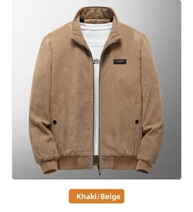 Detail of beige corduroy jacket with ribbed cuffs and stand-up collar texture