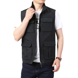 Gilet multipoches noir pour homme avec col montant et fermeture éclair pour pêche ou rando