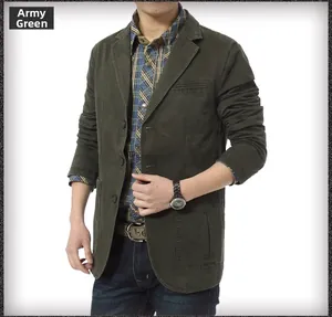 Detailed close-up of army green cotton jacket with lapel collar and single-breasted buttons