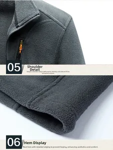 Detail of dark grey fleece jacket featuring orange zipper and reinforced shoulder stitching