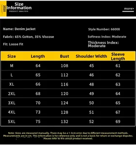 Detailed size chart for the loose fit denim jacket from size M to 5XL with measurements