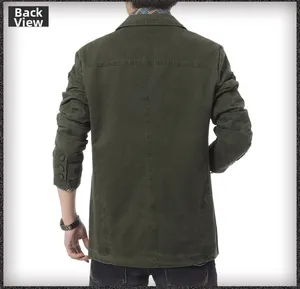 Back view of men's military green cotton jacket featuring back stitching and buttoned cuffs