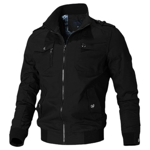 Men's black cotton workwear jacket with stand collar and multiple functional pockets