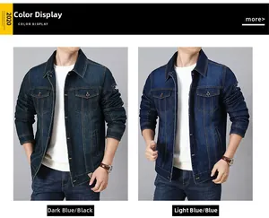 Detail view of denim jackets in dark and light blue with classic lapels and flap pockets