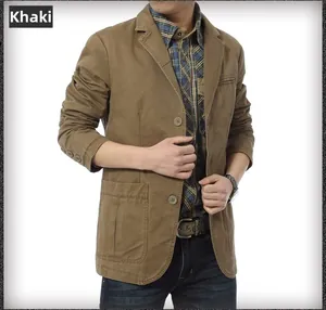Detailed front view of men's khaki cotton business jacket with lapel and patch pockets